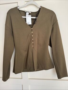 H&M Olive Green Long Sleeve V-Neck Button Top